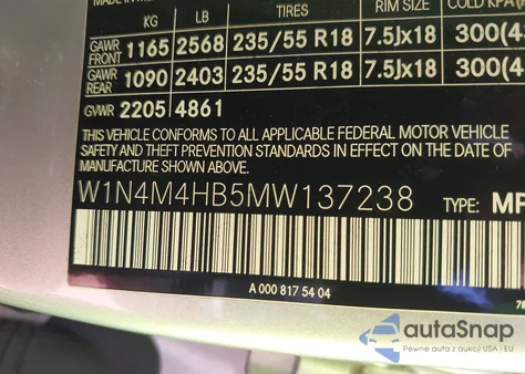 2021 Mercedes-Benz Glb 250 4Matic из США, поврежденный, VIN W1N4M4HB5MW137238